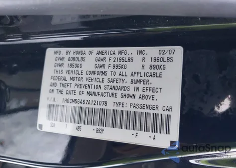 2007 Honda Accord 2.4 Lx z USA, uszkodzony, nr VIN 1HGCM56467A121078